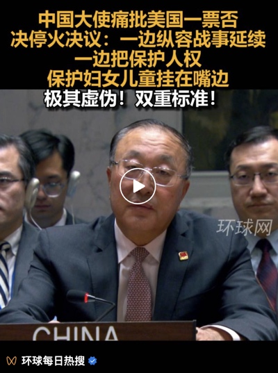 中国大使痛批美国否决停火决议的精彩视频