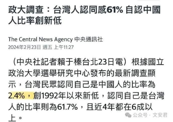 民调显示，仅2.4%的台湾人自认是中国人